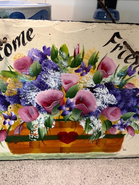 Other - Hand-Painted Floral Basket slate